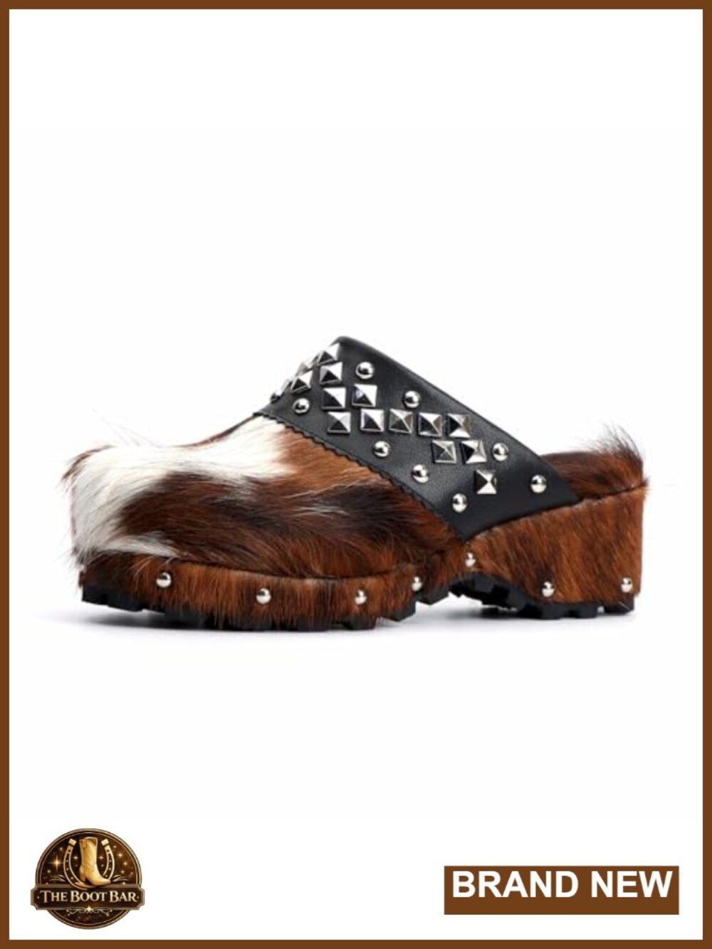 Platform Mules Clogs Leather & Calf Hair Patchwork Slip-On Arch Support